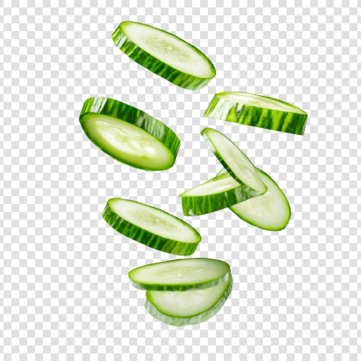 PSD una rebanada de pepino cayendo sobre un fondo transparente