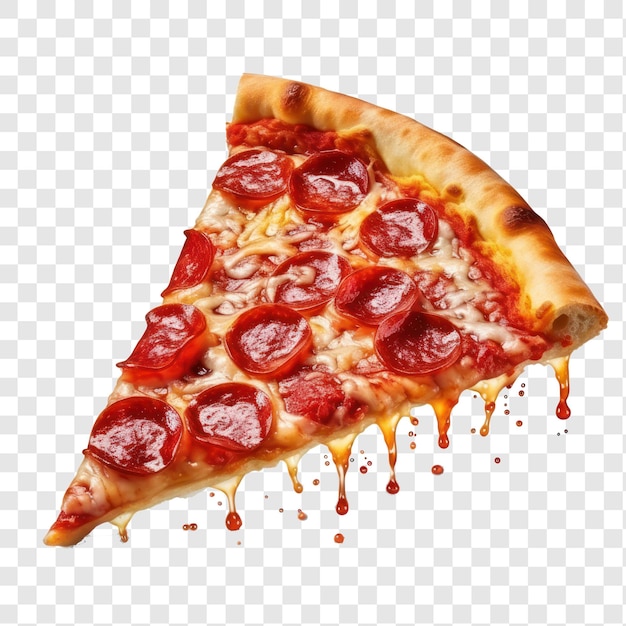 Una rebanada de pizza de pepperoni volando en el fondo transparente PSD