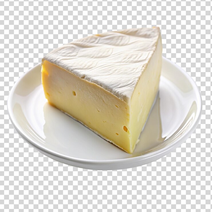 PSD rebanada de queso brie en una placa blanca aislada sobre un fondo transparente