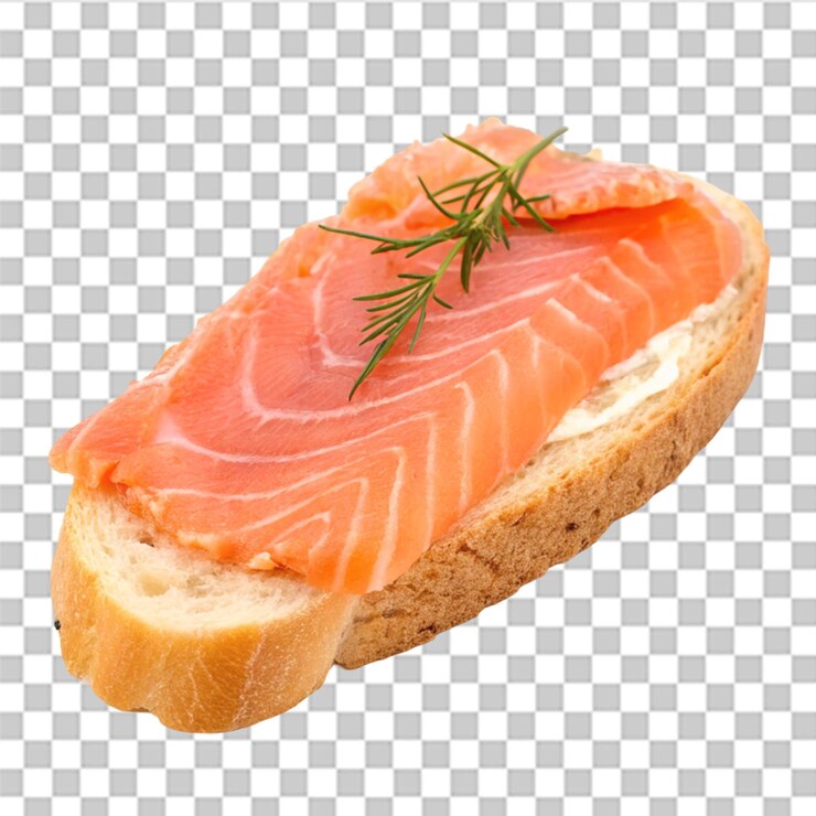PSD rebanada de salmón en pan aislada sobre un fondo transparente