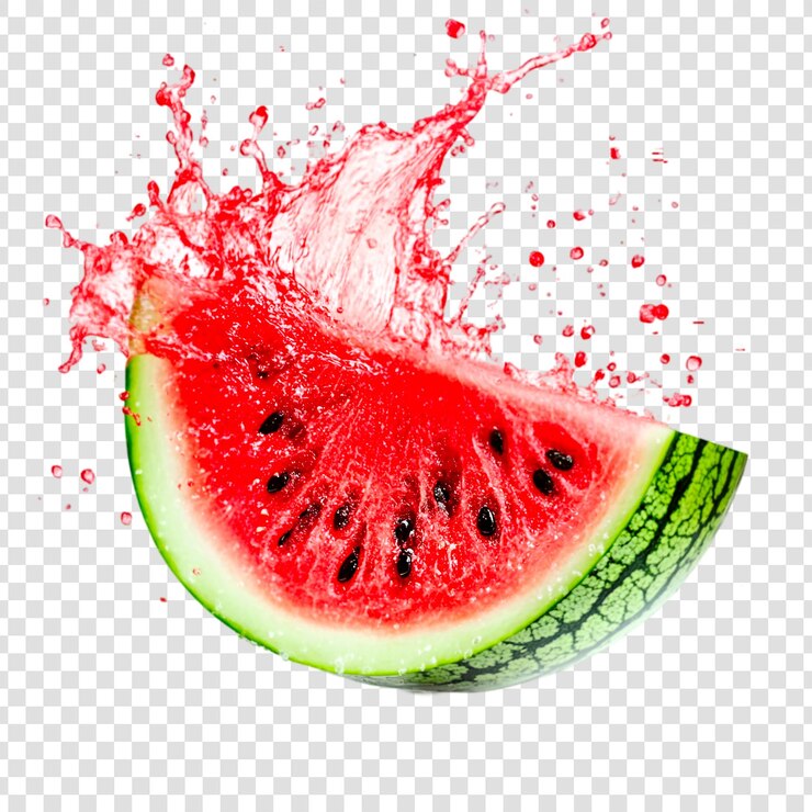 PSD una rebanada de sandía con salpicaduras de jugo en un fondo transparente