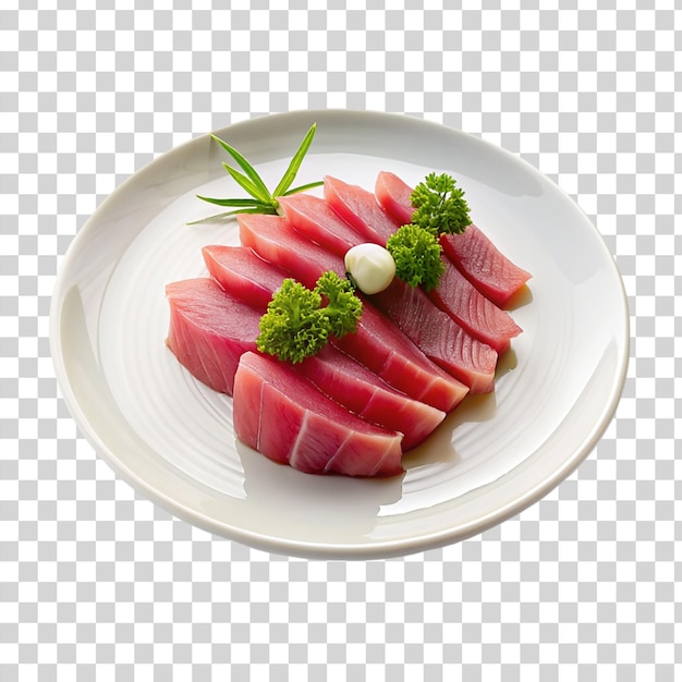 Rebanadas de atún en un plato sobre un fondo transparente