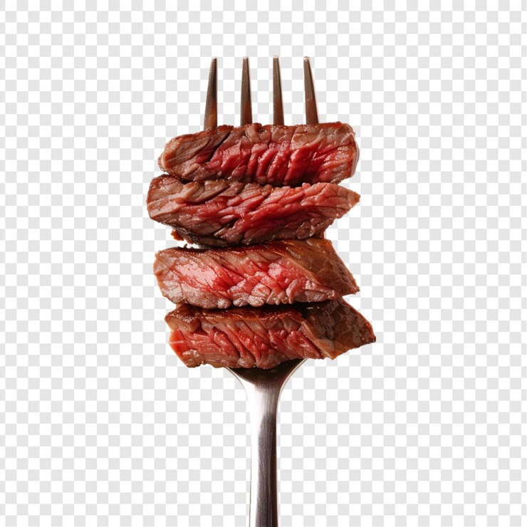 PSD rebanadas de carne de res en un tenedor aisladas sobre un fondo transparente