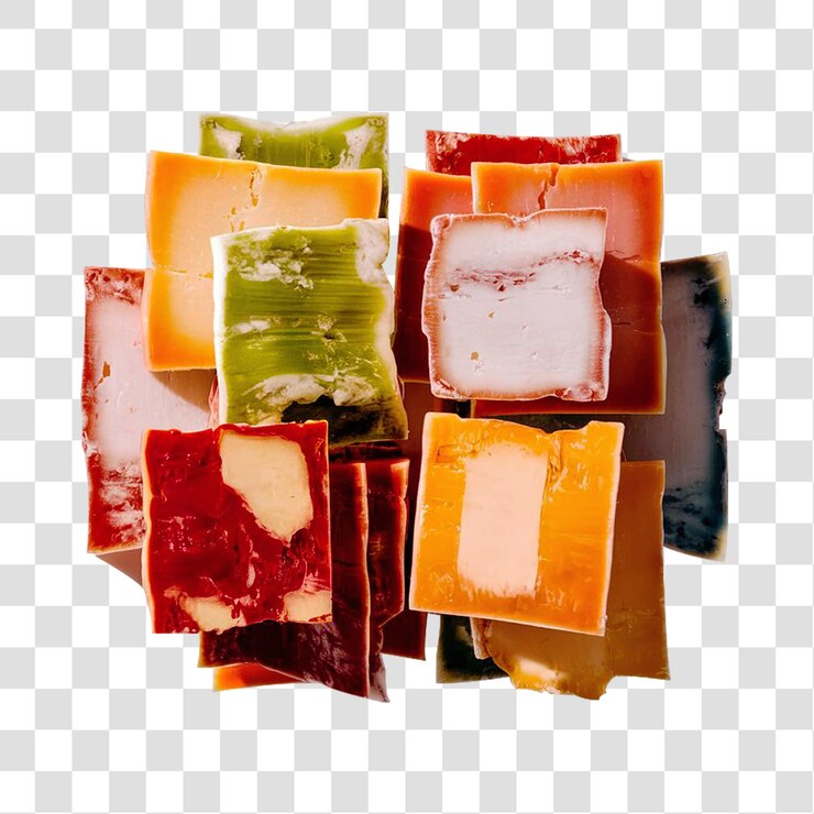 Rebanadas cuadradas de queso aisladas sobre un fondo transparente