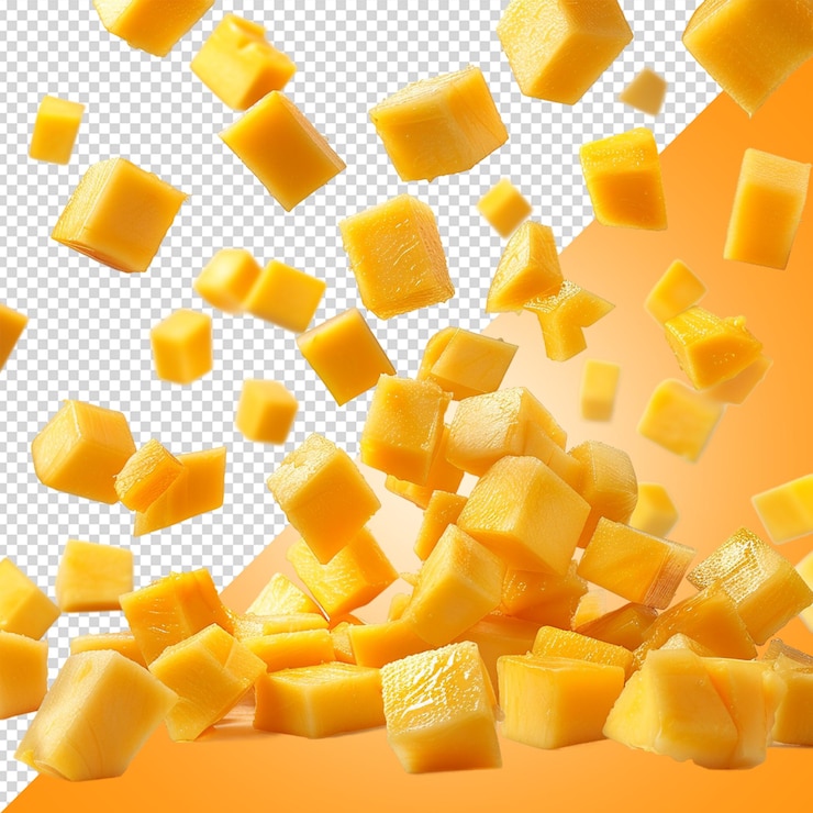 PSD las rebanadas de cubos de mango que caen o flotan aisladas sobre un fondo transparente png