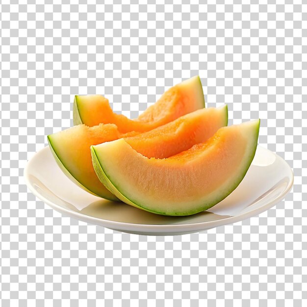 PSD rebanadas de delicioso melón cantaloupe fresco en un plato aislado sobre un fondo transparente