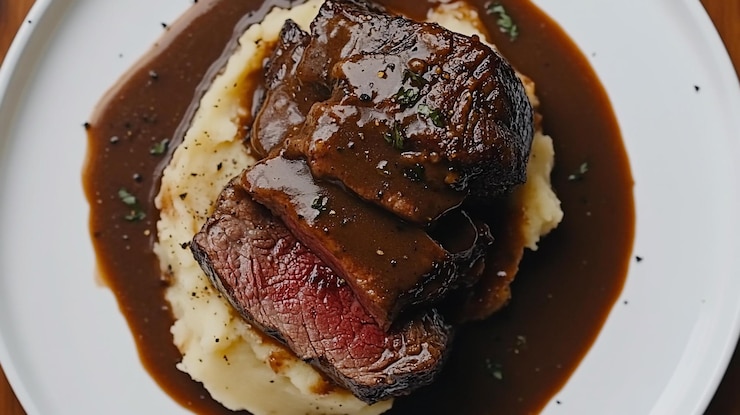 PSD rebanadas de filete de carne asada servidas sobre puré de patatas cremoso y una rica salsa marrón
