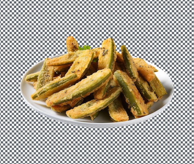 Las rebanadas de papas fritas de okra son aisladas sobre un fondo transparente.