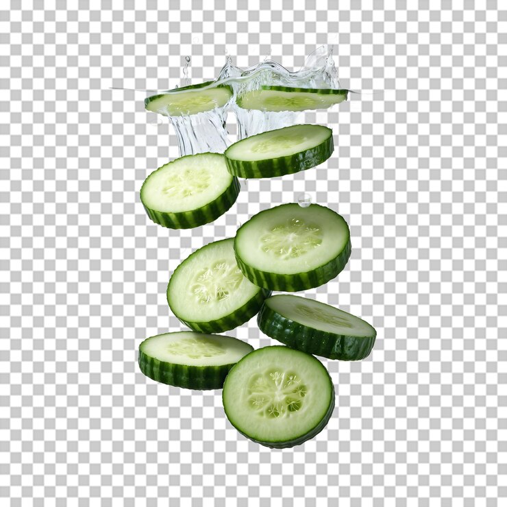 PSD rebanadas de pepino fresco salpicando en el agua