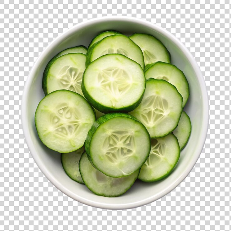 PSD rebanadas de pepino en la vista superior del cuenco blanco aisladas en un fondo transparente