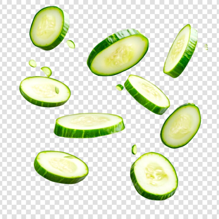 PSD rebanadas de pepino volando aisladas sobre un fondo transparente
