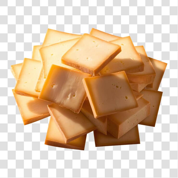 PSD rebanadas perfectamente cuadradas de queso aisladas sobre un fondo transparente