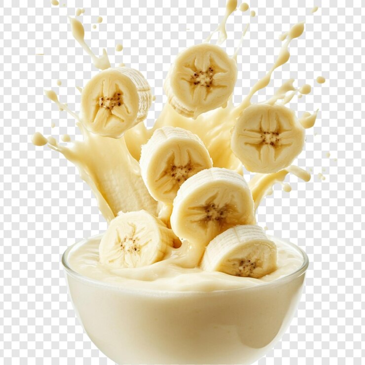 PSD las rebanadas de plátano salpicando en yogur cremoso delicioso postre