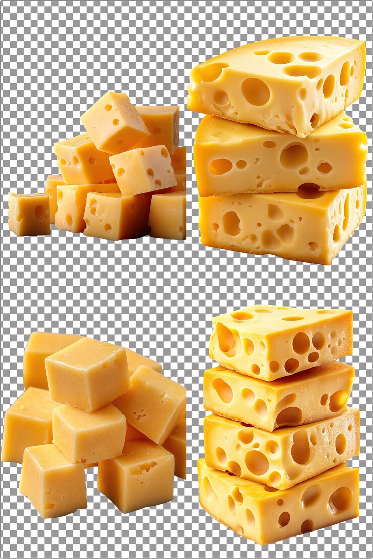 Rebanadas de queso hiperrealistas aisladas PNG con fondo transparente claro muy detallado