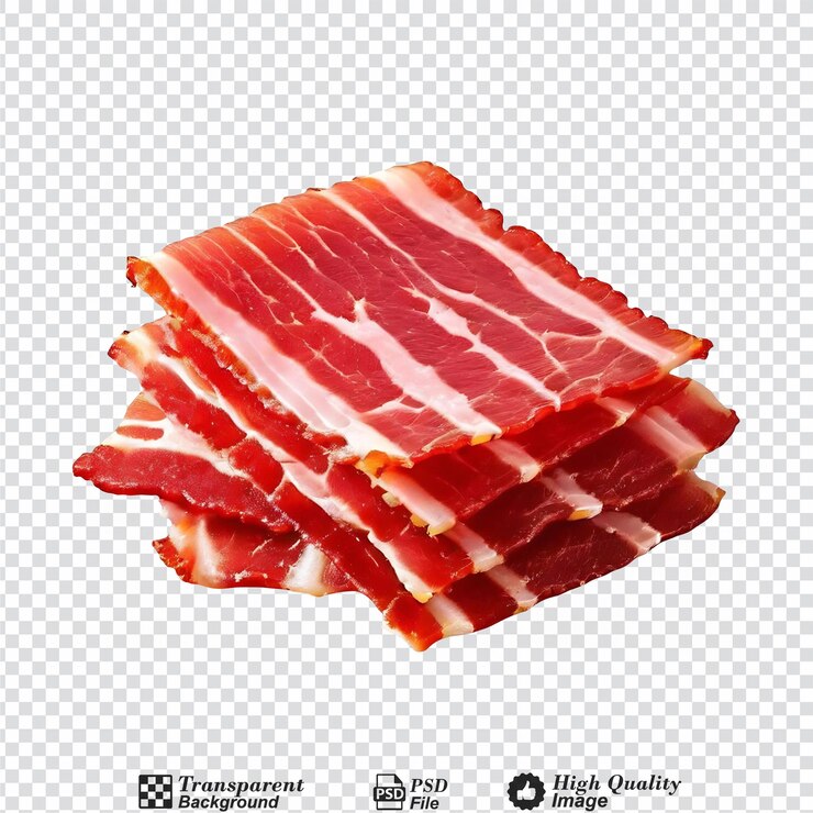 PSD rebanadas de tocino crudo no cocidas aisladas sobre un fondo transparente
