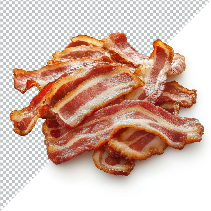 PSD rebanadas de tocino recién cocidas dispuestas sobre un fondo transparente que muestran su textura crujiente y su color salado rebanados de tocino aislados sobre un fondo transparent