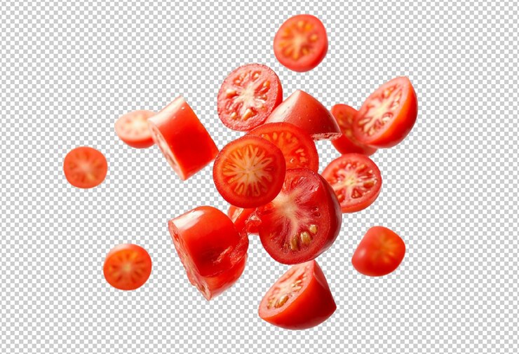 PSD las rebanadas de tomate fresco vuelan sobre un fondo blanco