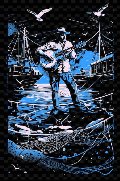 PSD rebetiko bouzouki juega en un puerto griego con redes de pesca diseña un cartel musical de ilustración
