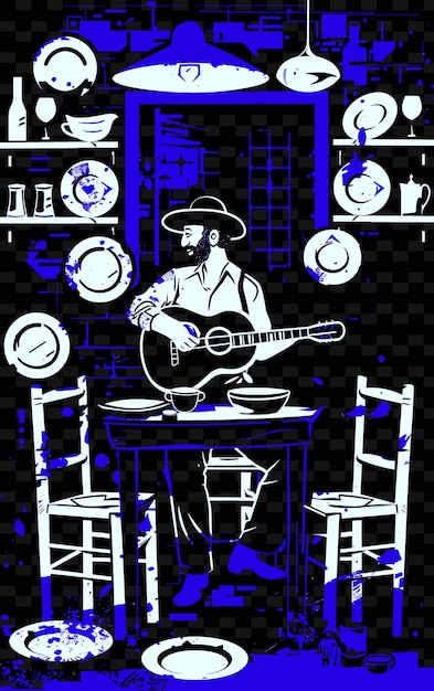 PSD rebetiko musicien dans une taverne grecque avec des bouzoukis et des affiches de musique à illustration plate