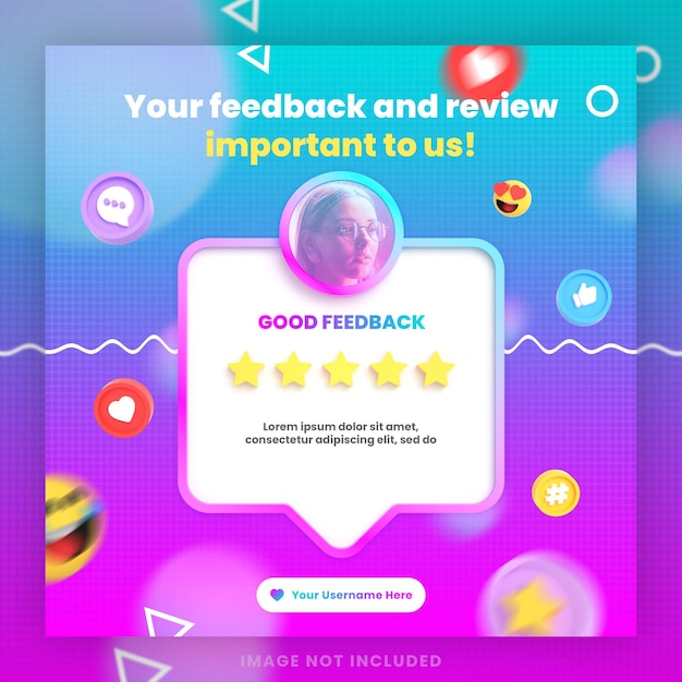 Recensione di feedback dei clienti 3D o modello di post di instagram di social media di testimonianza con mockup