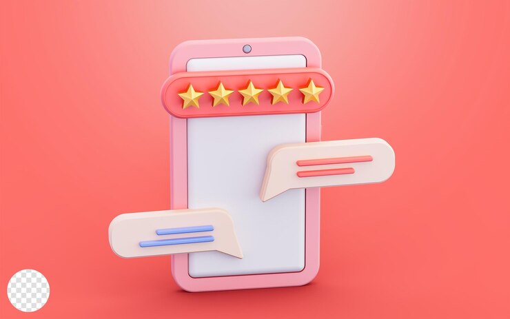 PSD recensioni dei consumatori sul negozio online con commenti a bolle e feedback sulla valutazione dell'illustrazione 3d dello smartphone