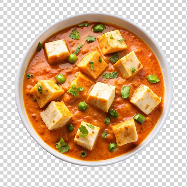 PSD receta de curry de paneer hecha con queso cottage en un cuenco blanco en transparente