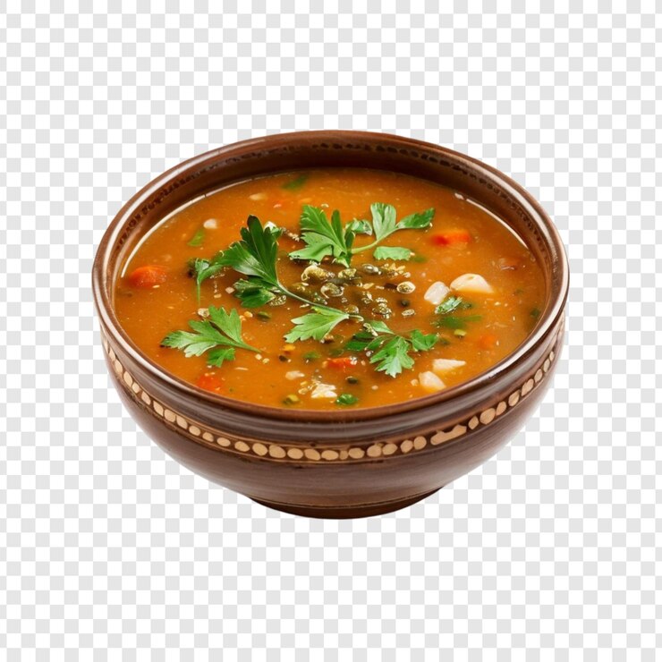 PSD receta de sopa de lentejas abundante en un cuenco de arcilla marrón vegetal para cocinar en el hogar