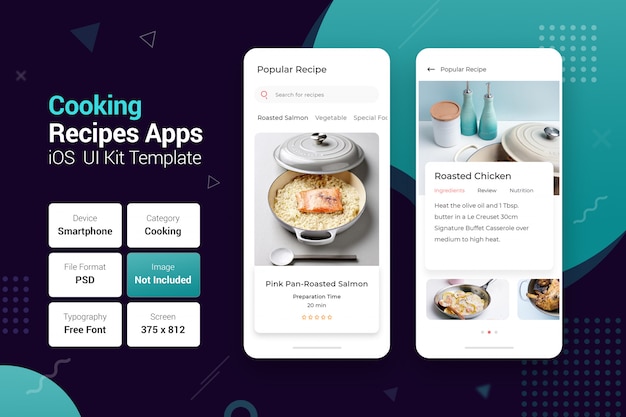 PSD recetas de cocina pedido en línea aplicaciones móviles