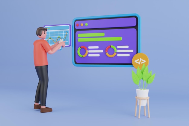 recherche sur les tendances illustration 3D analyste prédisant les tendances futures infographie et statistiques