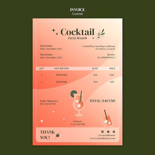 Rechnungsvorlage für eine cocktailbar mit farbverlauf