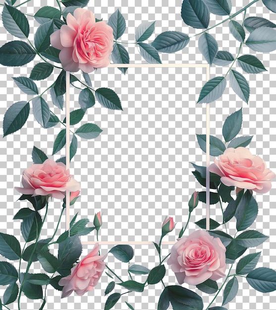 PSD rechteck-foto-rahmen verflochten mit rosa rosen dekorativ ihr bild mit blumen vintage-stil ki generiert png transparent mit schatten