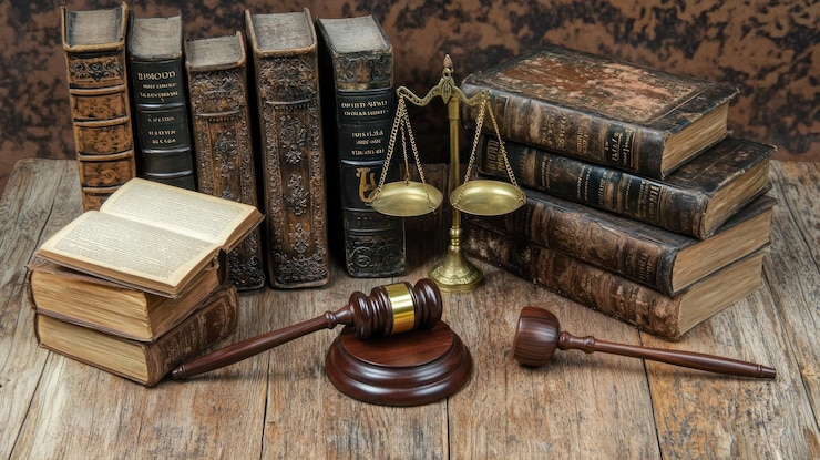 PSD rechtsgeschichte und justiz vintage-rechtsbücher hammer und waage auf holztisch