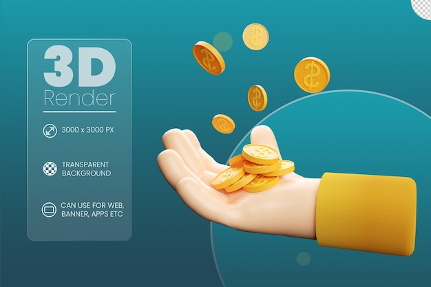 recibir pago con mano y moneda ilustración 3d