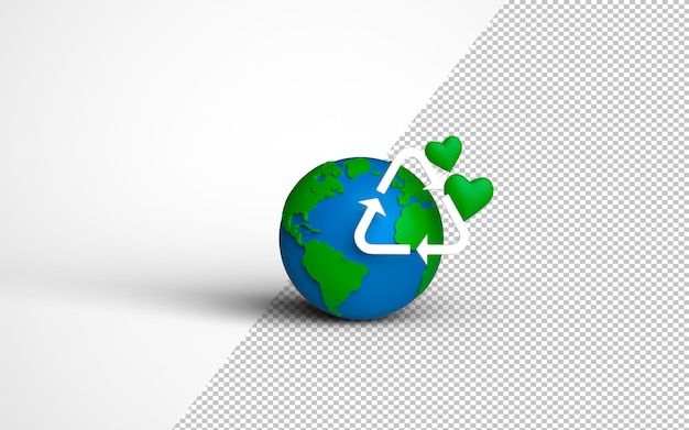 Reciclagem global do modelo da Terra com um símbolo de reciclagem Corações verdes na renderização 3D direita