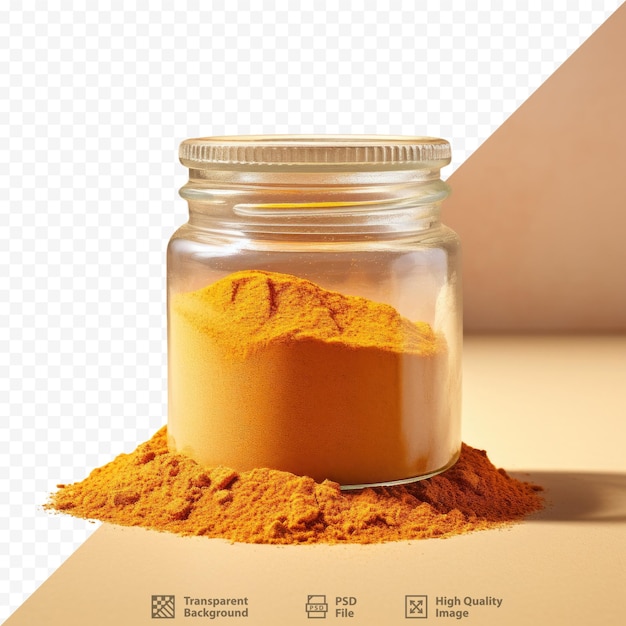 Un récipient d'épices de curcuma séchées sur fond transparent