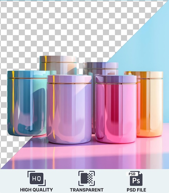 Un Récipient D'images Psd Transparent Contient Une Collection De Tasses Et De Couvercles Colorés Disposés Sur Une Table Rose Contre Un Mur Bleu.