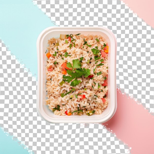 Un recipiente de arroz con una ensalada en él