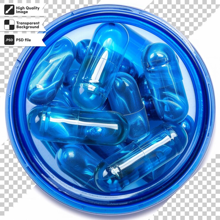 PSD un recipiente azul con botellas azules en él que dice "no hay pastillas"