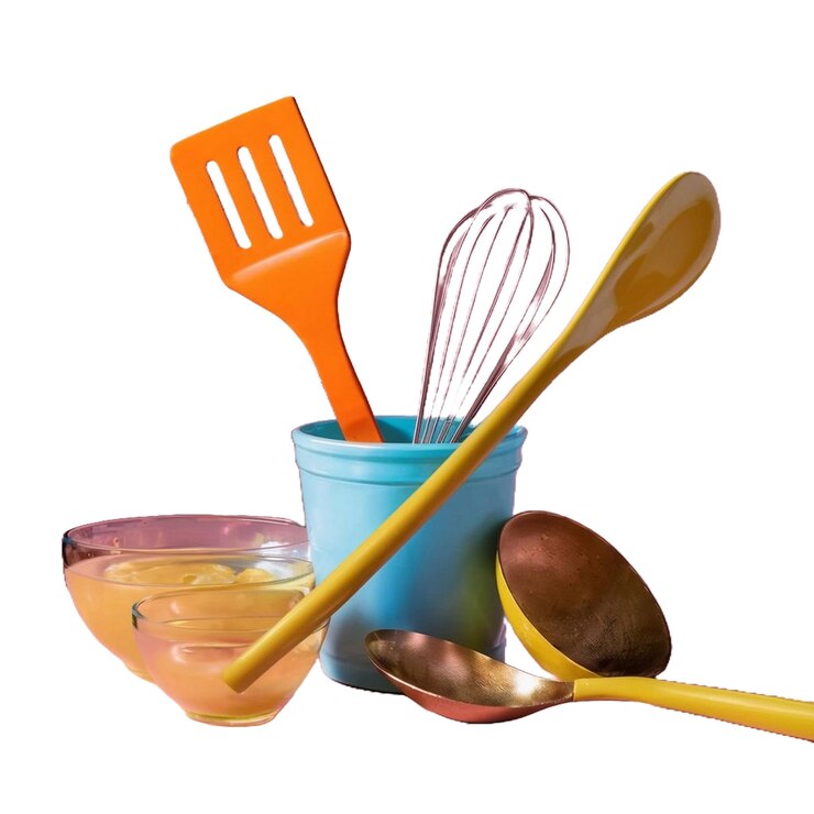 PSD un recipiente azul con una cuchara y una cuchara en él que dice utensilios de cocina
