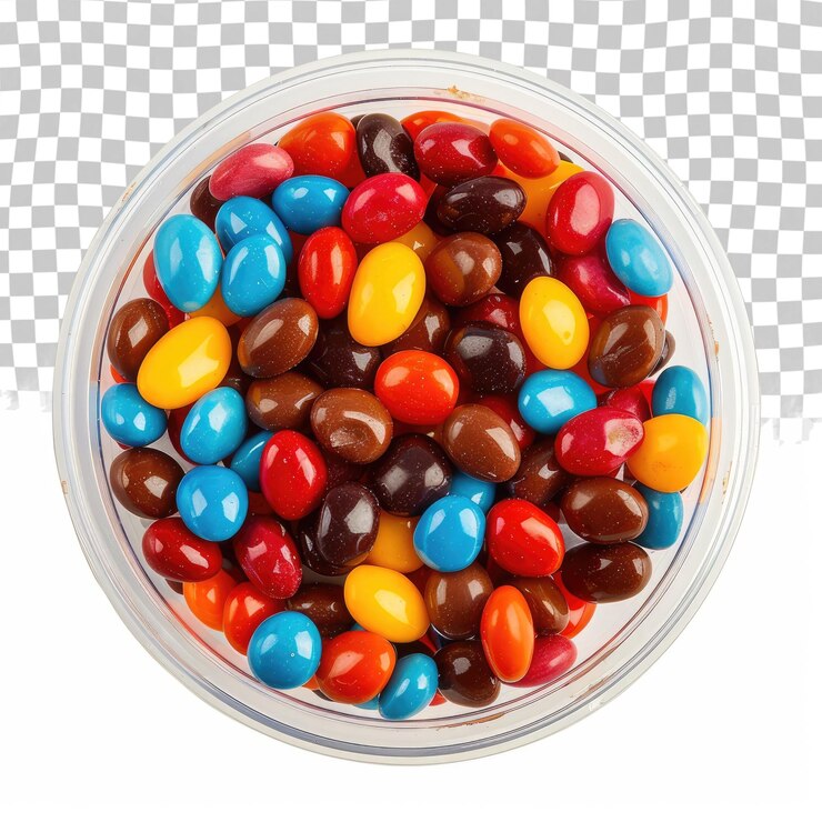 PSD un recipiente de caramelos coloridos que incluye caramelos rojos y azules de chocolate