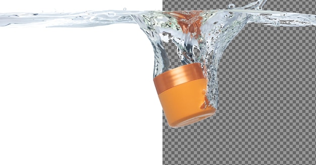El recipiente cosmético naranja cae en agua clara con burbujas de aire El recipiente de tratamiento cosmético cae a agua clara de frescura El elemento de congelación aislado de fondo blanco