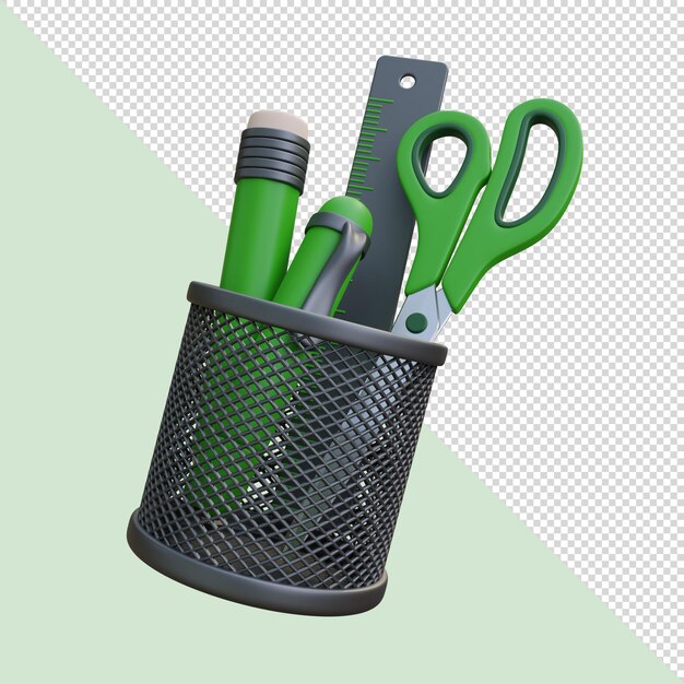 Recipiente preto de renderização 3D com caneta régua de tesoura e tema de cor verde de lápis