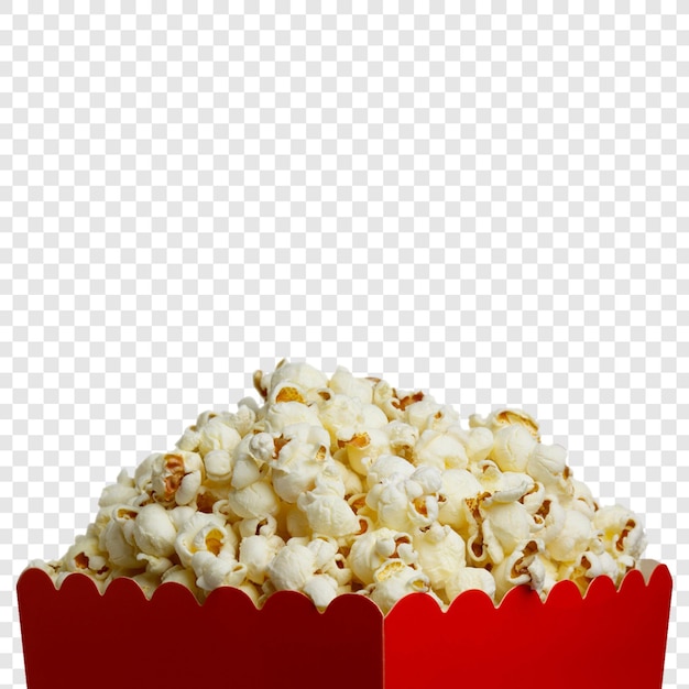 un recipiente rojo de palomitas de maíz con un fondo blanco con un fondo branco