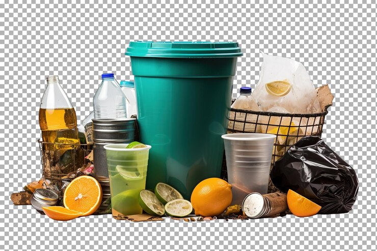 PSD recolección de varios tipos de residuos, incluidos restos de alimentos y botellas de plástico, cerca de un contenedor de reciclaje verde en transparent png