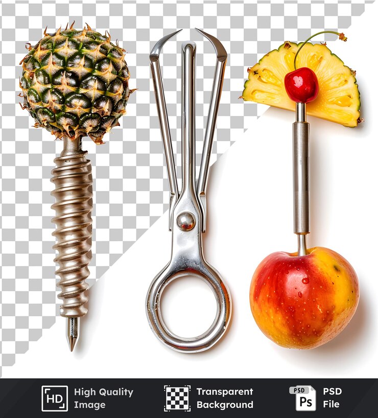PSD recolector de frutas de núcleo de piña y herramientas de núcleo de manzana para la preparación de frutas con png transparente y