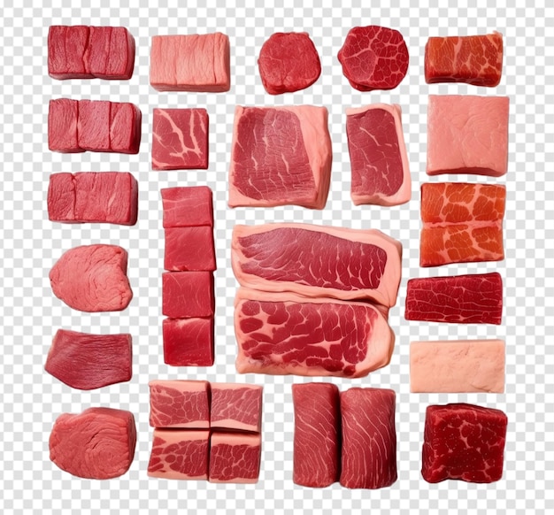 PSD recolha de cortes de carne bovina crua ingredientes frescos filete para bife isolado em fundo transparente