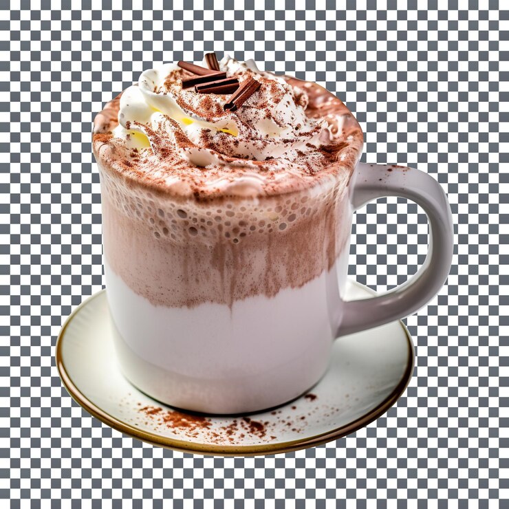 PSD reconfortante taza de chocolate caliente con una cucharada de crema batida con fondo transparente