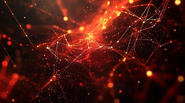 Red abstracta de puntos y líneas interconectados en tonos rojos y naranjas ardientes