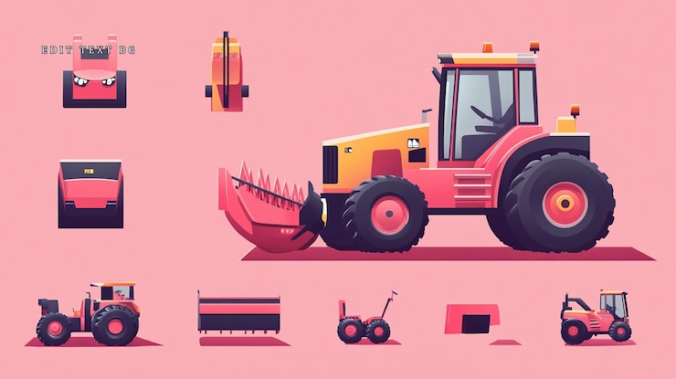 PSD red and yellow tractor with various attachments shown in a flatstyle illustration
