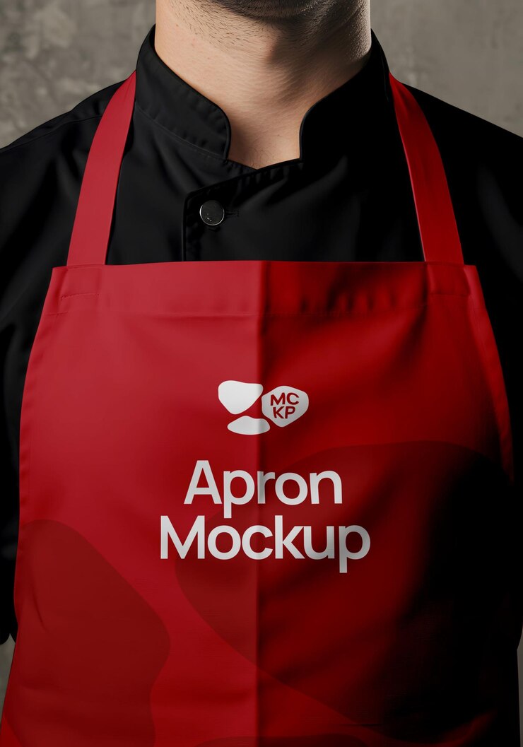 PSD red apron mockup em chef vestindo camisa preta professional kitchen apparel design template